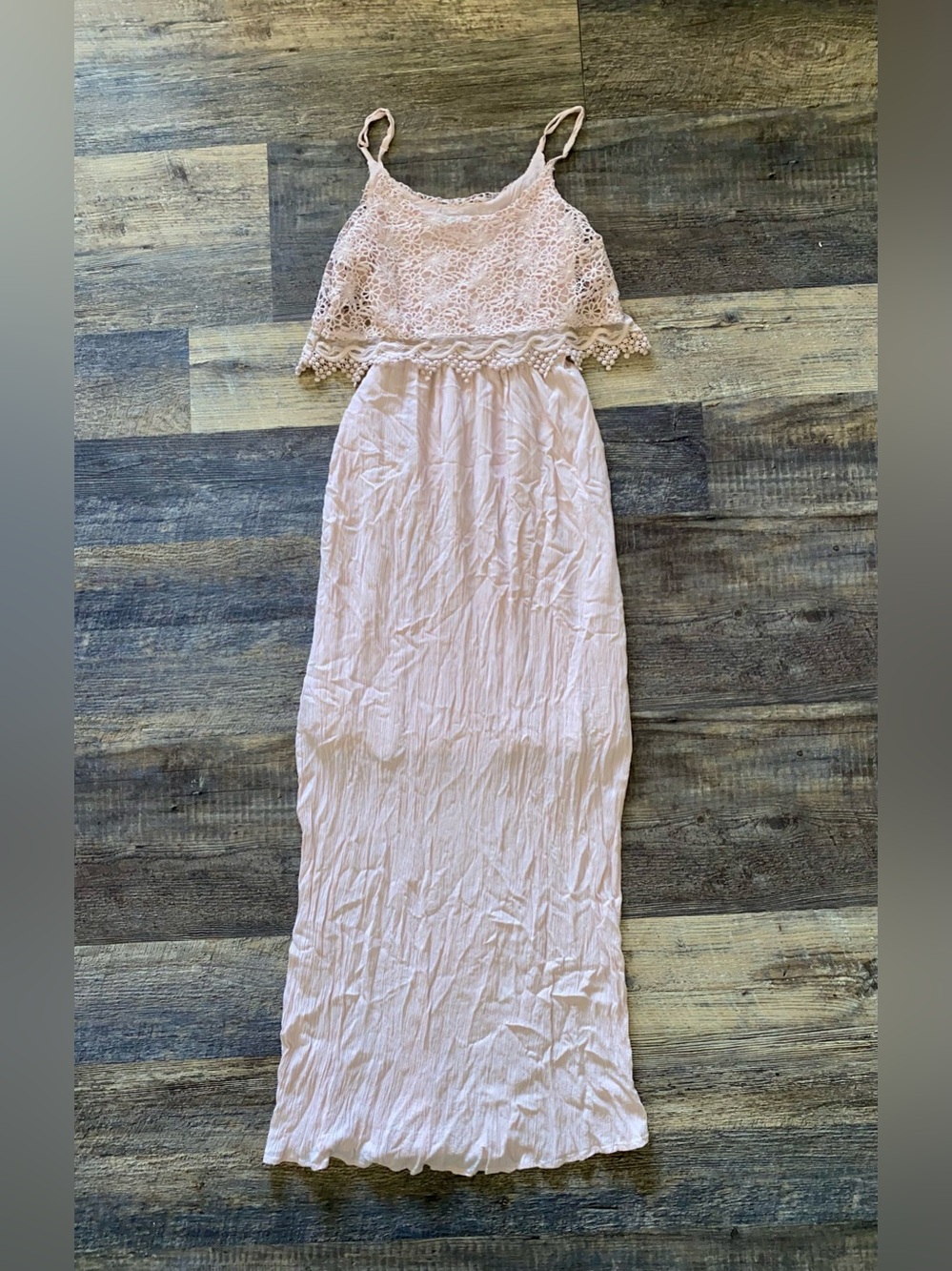 Maurices Pale Blush Lace Crop-Top Maxi Dress